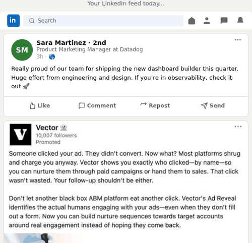 Animation of ads from the same company appearing repeatedly in a LinkedIn feed between organic posts.